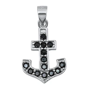 Studded Anchor Pendant Black Simulated CZ .925 Sterling Silver Sailor Charm - Picture 1 of 2