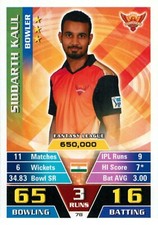 ✺New✺ 2016 2017 SUNRISERS HYDERABAD IPL Cricket Card SIDDARTH KAUL Topps Attax