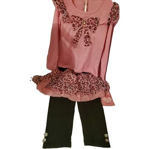 3Pc. Young Hearts Long Sleeve Pink Top, Leopard Print Skirt, Black Pants Sz 3T - Picture 1 of 9
