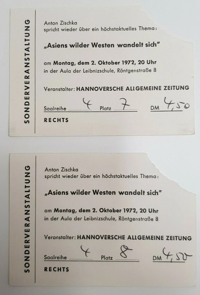 Ticket Karte Vortrag Anton Zischka Hannover 2.10.1972 HAZ Asiens Wilder Westen - Bild 1 von 1