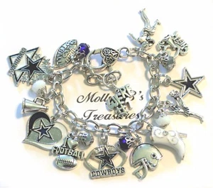 Dallas Cowboys Inspired Handmade Chain Link Football Charm Bracelet, 7" Adj - Picture 1 of 12