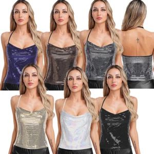 Womens Tank Daily Wear Vest Party Crop Tops Halter Neck Sequin Festivals Club - Picture 1 of 10