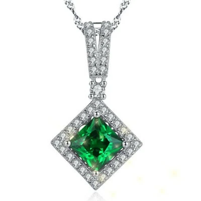 2.50 Ct Lab-Created Emerald & Diamond Halo Square Pendant 14K White Gold Silver - Image 1 of 3
