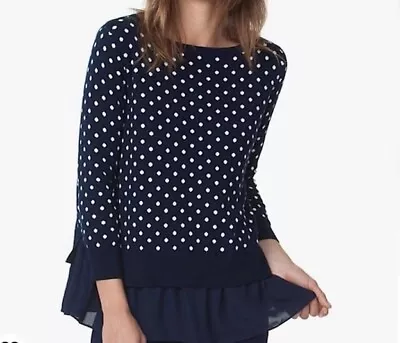 Chaps Women’s Mock Layer Polka Dot Sweater Top Size Medium Blue & White Preppy - Image 1 of 4
