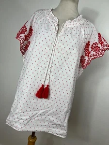 Talbots XL Shirt Oberteil weiß rot gepunktet V-Ausschnitt Ösen Kurzarm Damen Y2 - Bild 1 von 6