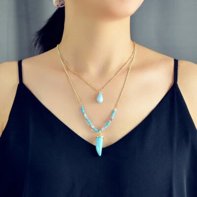 Bohemian Style Gold Chain Double layer Blue Beads Turquoise Horns Charm Necklace - image 1 of 4