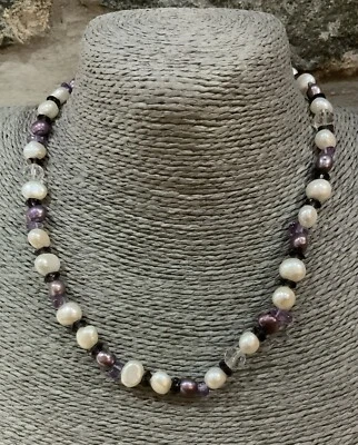 Pretty Cultured Pearl /Amethyst/Crystal Beaded Necklace 18" By The Pearl Company - Image 1 of 4