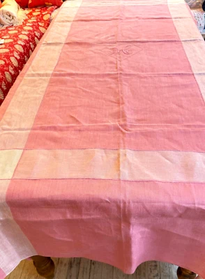Vintage Pink Striped Belgian Linen Banquet Tablecloth - AC Monogram  ZZ312 - Image 1 of 4