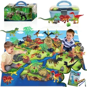 Dino World Play Set Figures Trees Rocks Playmat & Container for Ages 3-6+ - Picture 1 of 7