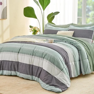 Queen Comforter Set Sage Green - 7 Pieces Green Striped Bed in a Bag, Soft Micro - Picture 1 of 8
