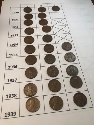 Almost complete 30's set, (no 31-S) 1930PDS-1939PDS 26 LIncoln Wheat Cents Cover