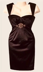 ELIZA J Vintage 90s Brown Satin Empire Waist Cocktail Rhinestones Dress Size 8 - Picture 1 of 6