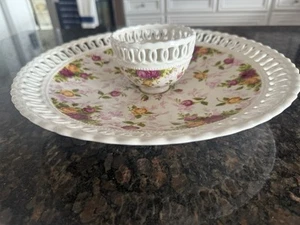 NWT Royal Albert Old Country Roses 13”Chip N Dip Set Reticulated Rim Porcelain - Picture 1 of 15