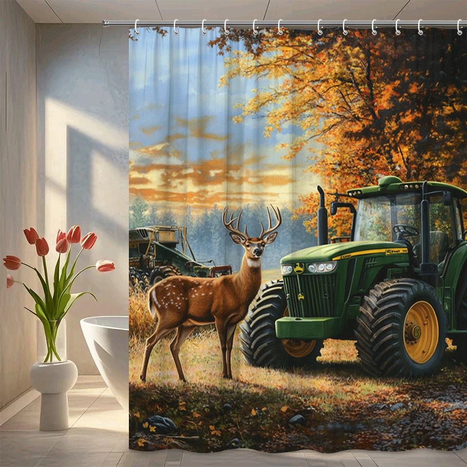 Deer and tractor shower curtain rustic autumn forest farm bathroom decor for men - Image 1 of 4