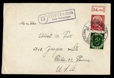 DR WHO 1954 GERMANY PLATE # MELSUNGEN SLOGAN CANCEL TO USA M54941 - Image 1 of 2