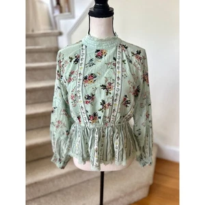 Hemant & Nandita Mint Green Floral Cottagecore Peplum Victorian High Neck Blouse - Picture 1 of 8