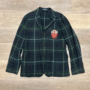 Polo Ralph Lauren Black Watch Plaid Coat Crest Jacket Blazer 42R 595 Linen Blend - Picture 1 of 14