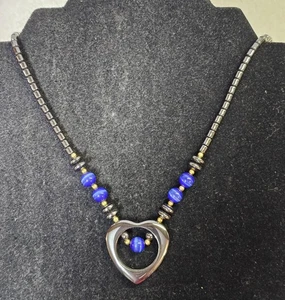 Hematite Necklace w/ Heart Pendant & Cobalt Blue Glass Beads Goldtone 24" - Picture 1 of 7