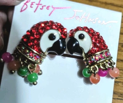 Rare-Betsey Johnson Upscale Multicolor Rhinestone Parrot  Beaded Collar Earrings - Image 1 of 3