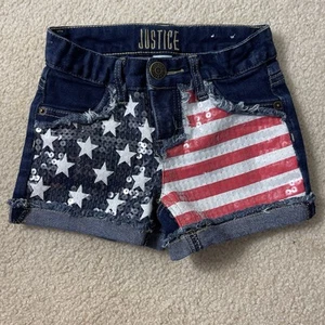 Justice Girl’s 7 Sequin American Flag Denim Shorts 4th of July USA Patriotic - Picture 1 of 9