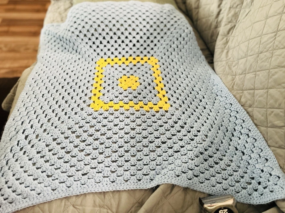 Crochet Baby Blanket In Blue And Yellow - Image 1 of 1