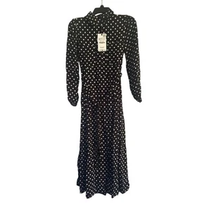 NWT Zara Black/White Polka Dot Dress Belted Front Buttons Midi Length Size XS - Picture 1 of 9