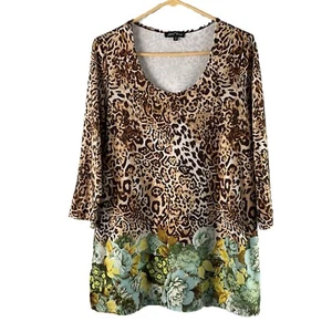 Slinky Brand Leopard Blue Green Floral Tunic Top 3/4 Sleeve USA Made Petite L - Picture 1 of 12
