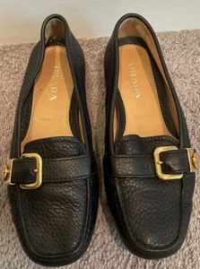 AUTHENTIC PRADA Black Leather Loafers/Flats, size 35.5 - Picture 1 of 2