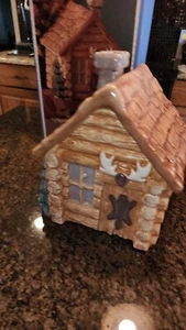 Treasure Craft Log Cabin Cookie Jar with Moose Head Above Door and Skin On Door - Picture 1 of 7