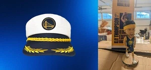 GS WARRIORS 2019 KLAY THOMPSON HEADBAND BOBBLEHEAD & 2024 Captain Klay Cap Hat - Picture 1 of 3