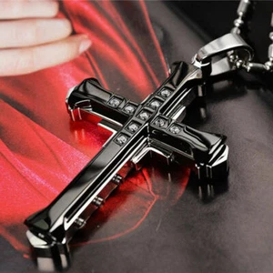 New Unisex Silver & Black Catholic Jesus Crucifix Cross Pendant Necklace  - Picture 1 of 3