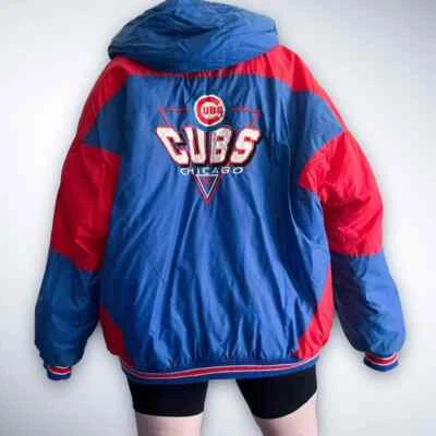 Chicago Cubs MLB Baseball Winter Coat Red and Blue Jacket hooded Vintage 90s - Image 1 of 4