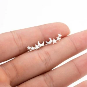 Unisex Titanium Tiny Punk Moon Stars Silver Earrings Stud - Picture 1 of 2