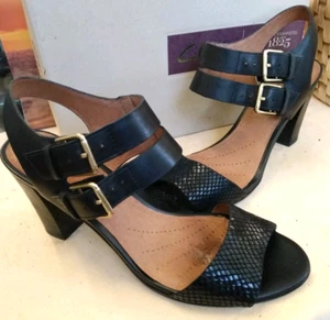 Women Sz 7.5M Clarks Artisan Black Leather 3" Heel Sandals Strappy Open Toe - Picture 1 of 11
