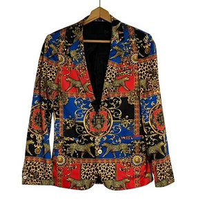 Blazer barroco con estampado de guepardo rojo azul dorado 34R estilo Versace declaración de ASOS - Imagen 1 de 11