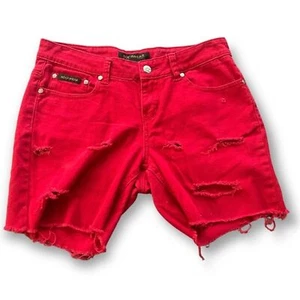 Rocawear Red Distressed Rhinestone Back Pocket Long Shorts Sz 7 Streetwear Emo - Picture 1 of 7