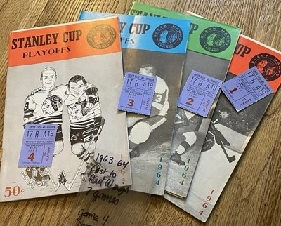 Complete 1963-64 Red wings Vs Blackhawks Playoff Programs with  Ticket Stubs. - Image 1 of 3