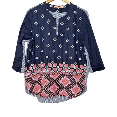 Top túnica bordada boho chic boho rosa azul marino a rayas algodón 46 Vilagallo para mujer Foto 1 de 4