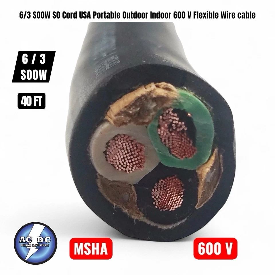6/3 SOOW SO Cord 40 FT USA Portable Outdoor Indoor 600 V Flexible Wire cable - Image 1 of 1