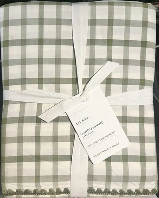 Juego de sábanas de satén Pottery Barn para ventana CALIFORNIA KING - cuadros verdes y blancos Foto 1 de 3