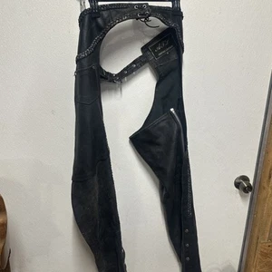 AJL Genuine Leather Black Motorcycle Riding Chaps Zipping Button Pocket Size Med - Picture 1 of 11