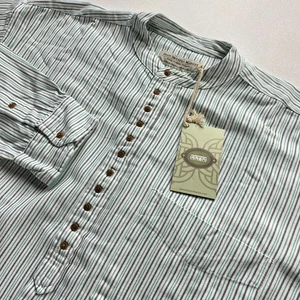 Aran Sweater Market Grandfather Shirt Mens Medium Striped Green Grandad Collar - Picture 1 of 12