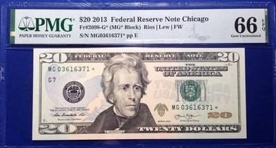 2013 $20 Federal Reserve Note Fr-2098-G* Chicago PMG66EPQ Gem - Image 1 of 2