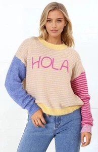 Hola Jumper - Crew Neck Striped Jumper with Graphic Text in Yellow - Picture 1 of 9