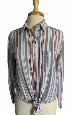 Olivaceous Long Sleeve Button Up Shirt Size Small S Stripes  Knot Tie Front EUC - Image 1 of 4