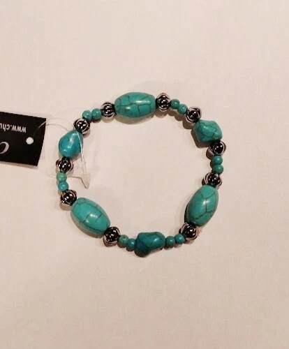 NWT Turquoise Blue Beaded Elastic Bracelet w/Silver Accents Boho Westerns - Image 1 of 1