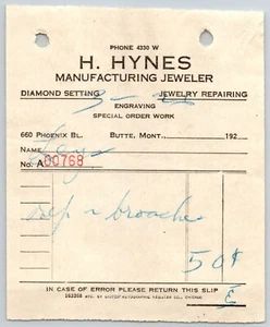 Butte, MT H. Hynes Manufacturing Jeweler / Leys Jewelry 1920 Billhead #768 - Imagen 1 de 2