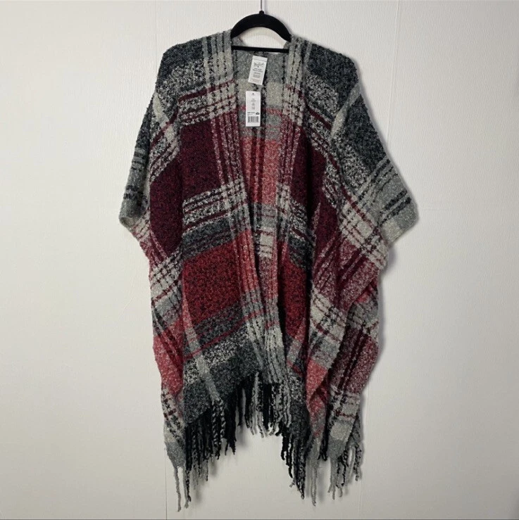 Woolrich Women's One Size Blanket Wrap Shawl Cape Poncho Gray Red