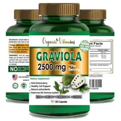 Extracto de guanábana 2500 mg 120 cápsulas | Graviola orgánica sin OGM, sin gluten  Foto 1 de 4