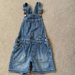 M Medium GAP KIDS Blue Denim Jean Flower Embroidered Short alls Overalls Jeans - Picture 1 of 10